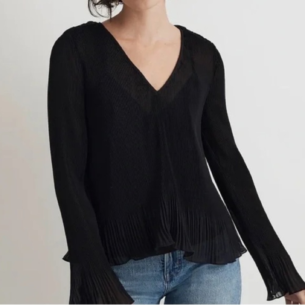 Madewell Top Womens XS Black Pleated Flare Sleeve Sheer Cami Lined Boho Peplum